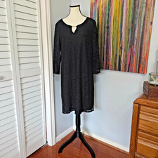 Tacera Womens L Black Lace Shift Dress Gold Bar Keyhole 3/4 Sleeve Lined