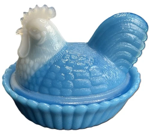 Vintage Blue with White Head Hen On Nest Blue Slag Milk Glass Dish-Westmoreland