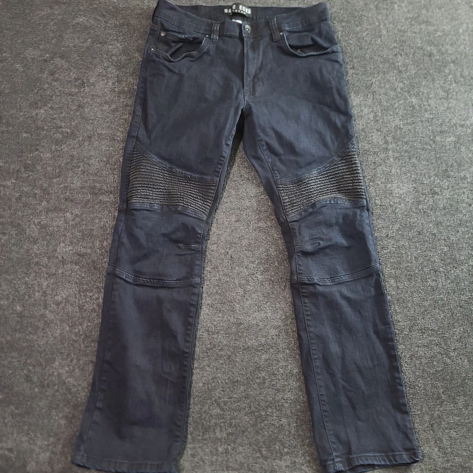 Pantalones de mezclilla de motociclista Marc Ecko corte y costura 36x32 lavado oscuro para hombre Foto 2 de 4
