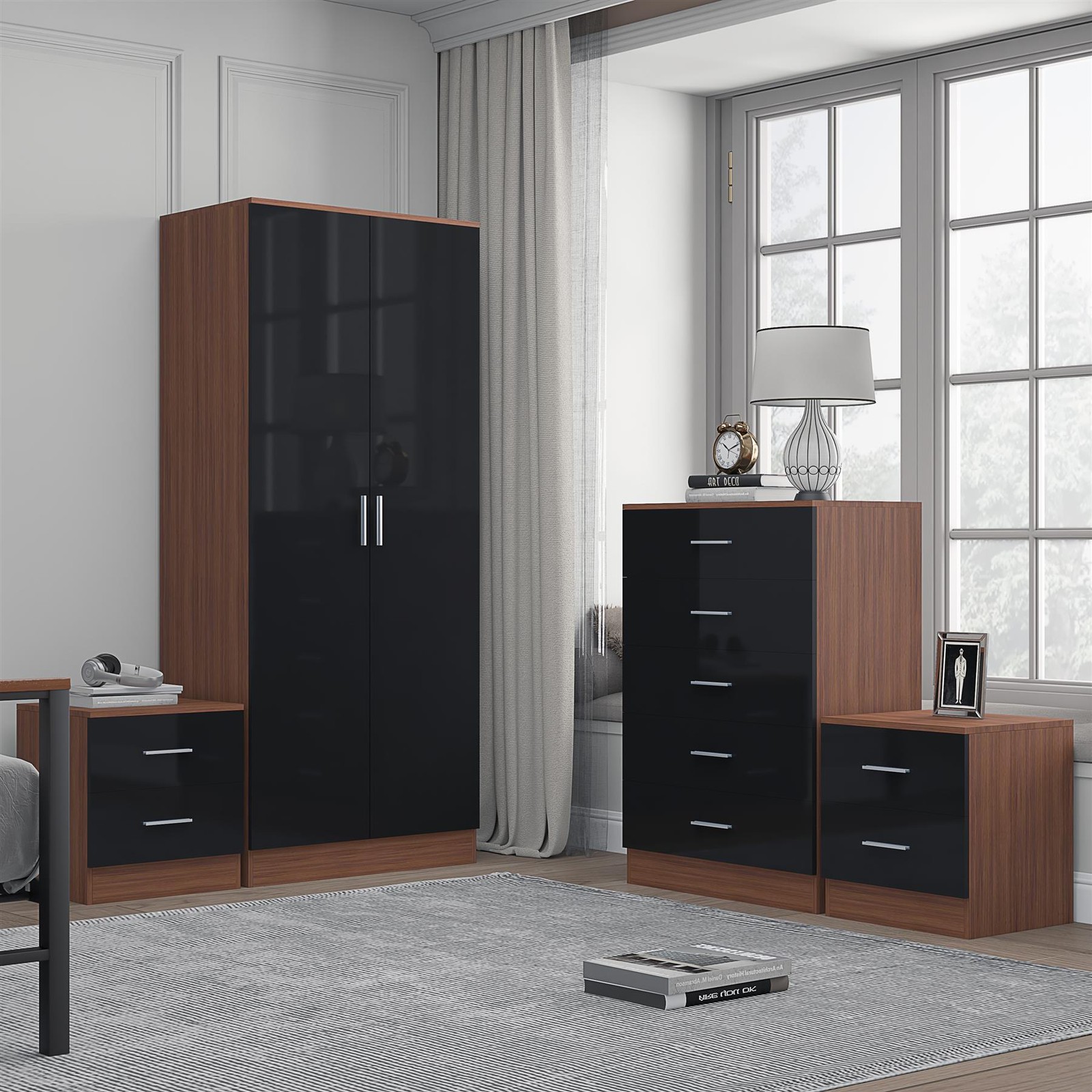 REFLECT Furniture - 2dr Plain Wardrobe + Chest + 2 Bedsides - Black/Walnut