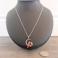 Silver Tone Red Cardinal Crescent Moon I am Always with You Pendant Necklace !!!