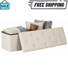 Gianna 43in Folding Storage Ottoman Bench Beige Bedroom Chest Foot Rest