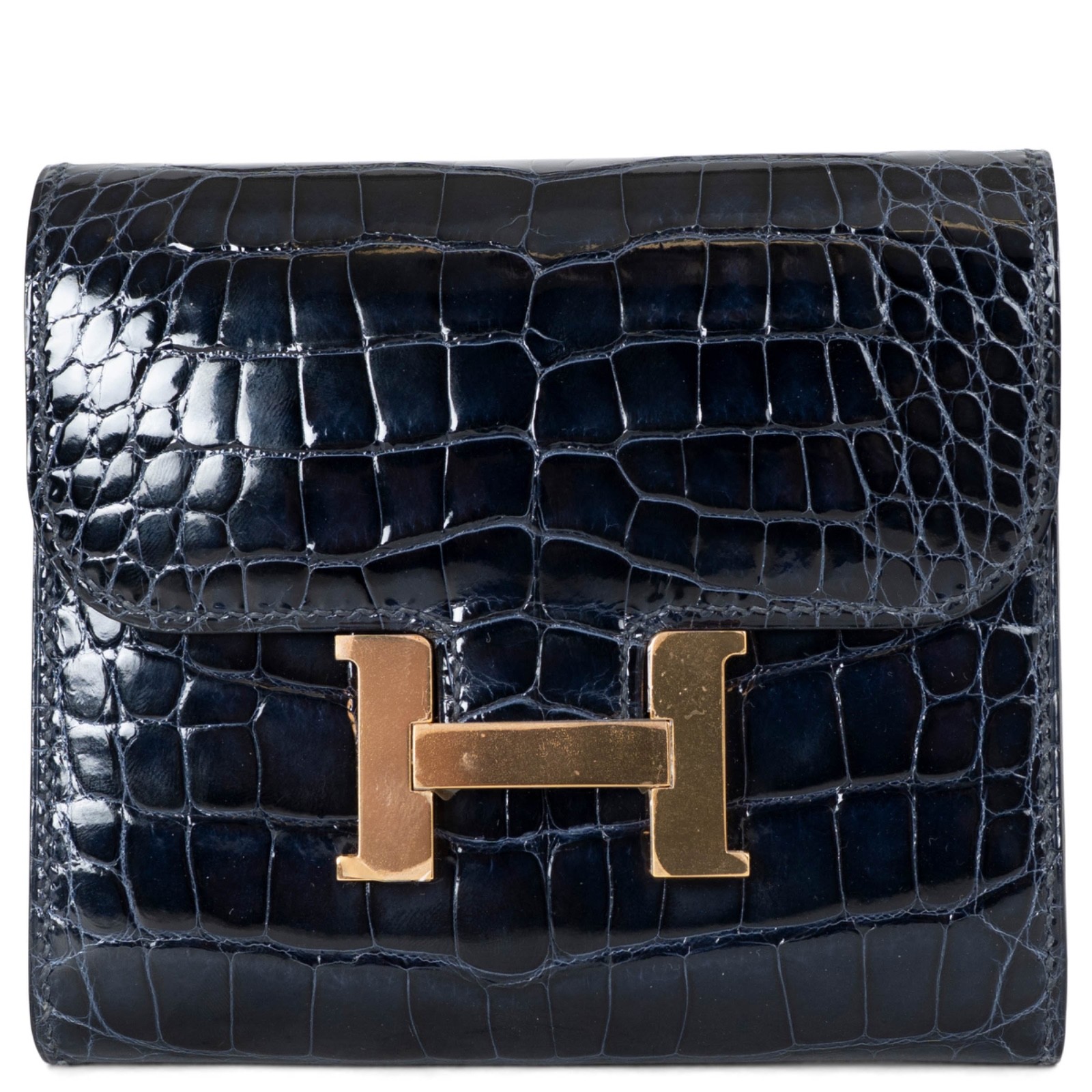 74026 auth HERMES ABYSSE blue CROC CONSTANCE COMPACT Wallet RGhw