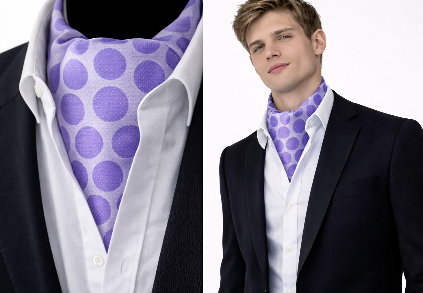 Lilac Men's Cravat Ascot Polka Dot Purple Silk Tie Jacquard Scarf Wedding UK
