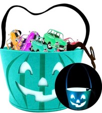 Light Up Teal Pumpkin Halloween Felt Trick or Treat Bucket, with Blue LED lig...
