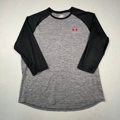 Under Armour Baseball Tee Mens 2XL Grey Black HeatGear 3/4 Sleeve Raglan 1272879