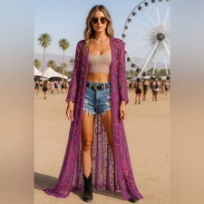 VINTAGE 70s Purple Beaded Sequin Chiffon Full Length Open Front Cardigan S/M