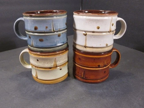 Vintage Capodimonte Stoneware Marked Tiki Bamboo Style Coffee Mugs Set of 4