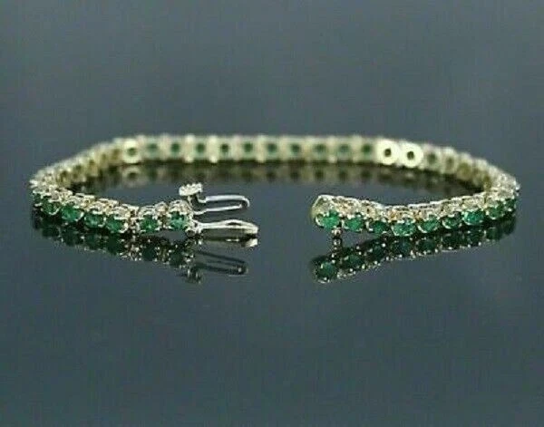 Pulseira de tênis 7,00 ct corte redondo verde esmeralda acabamento ouro amarelo 14k 7 polegadas - Imagem 4 de 4