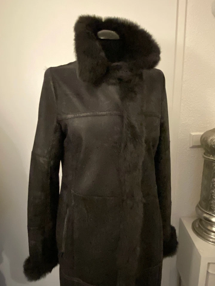 MILESTONE Kanin Fell Pelzmantel grau schwarz Nappa Mantel Leder außen innen Fell - Bild 2 von 4