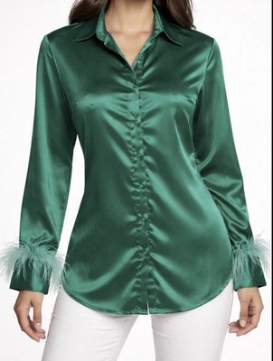 L.I.F.E. Women s M Emerald Satin Feather Cuff Blouse Stretch(A407)!!