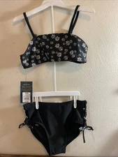 New Girls 2 Pc. Swimsuit Black With White Flowers Size Medium (8) Art Class