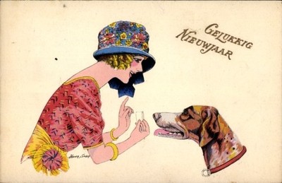 Künstler Ak Xavier, S., Glückwunsch Neujahr, Frau, Hund - 11498669