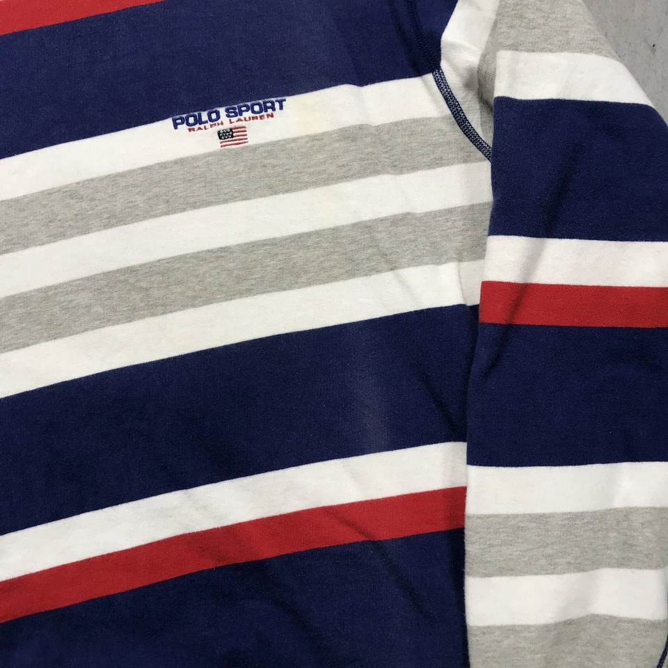 复古 Polo Sport Ralph Lauren 运动衫男式中号条纹圆领标志 90 年代 — 第 4/4 张图片