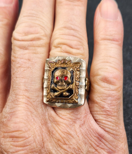 Original Vintage Mexico Biker Ring -Skull & Owl 13 - Chunky/Heavy ~ Size 9.5