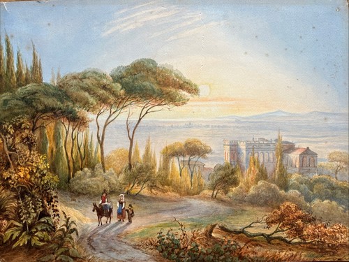 VON FRASCATI, BLICK ÜBER ROM original Aquarell 19. Jh. signiert NTR (Monogramm)