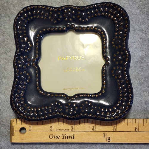 PAPYRUS 4"x4" Photo Picture Frame Dark Blue and Rust Brown Dotted - Picture 6 of 7