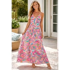 Nicole Miller New York Floral Maxi Racerback Dress Women M Pink Multicolor Boho