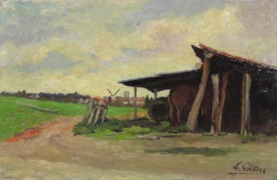 Tableau Peinture Huile Paysage Belgique Cheval Moulin Village Signé Geeters 1968 - Photo 1/4