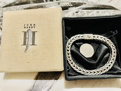 John Hardy Sterling große rechteckige Diamanten Silber Weizen Gliederbox Kette Armband