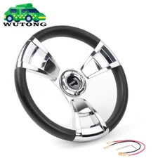 UNIVERSAL 14" BLACK PVC GRIP 6-HOLE CHROME 3-SPOKE STEERING WHEEL 350MM
