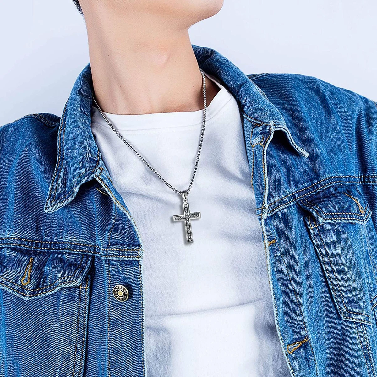 Men'S Cross Necklace 316L Stainless Steel Jesus Ankh Pendant Rolo Chain Jewelry