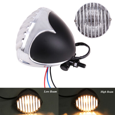 Motorcycle Finned Grill Bul Headlight Light High Low Beam Lamp Cafe Racer Bobber
