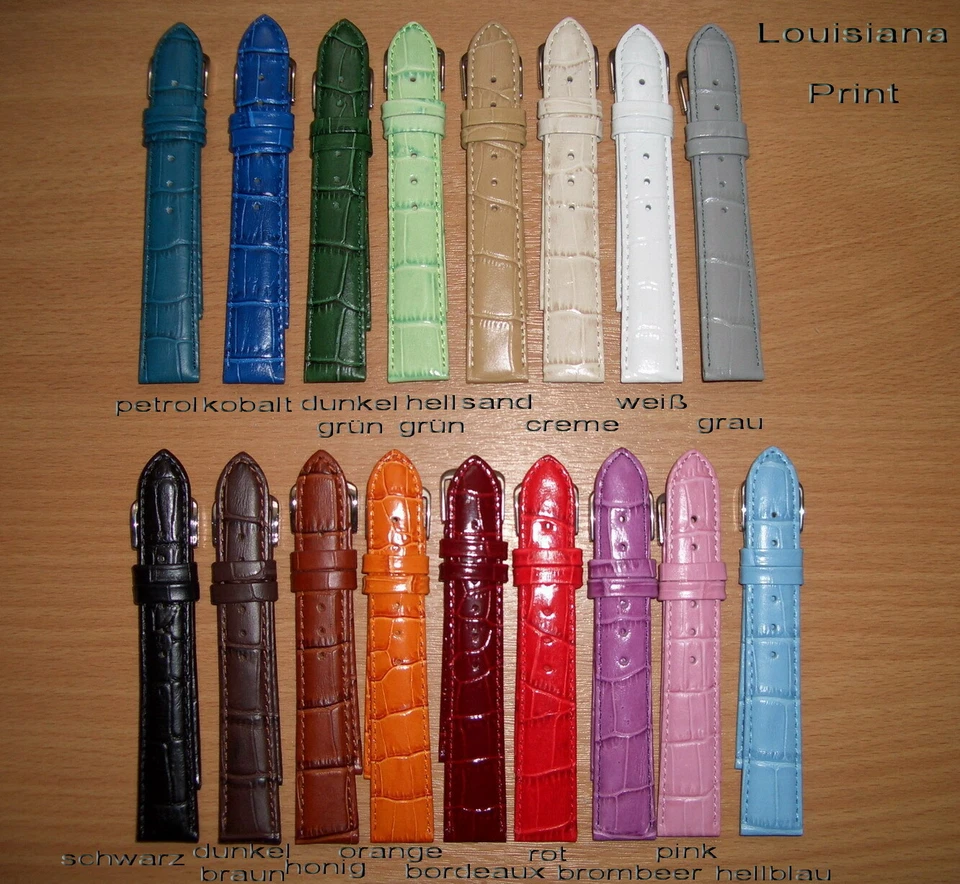 Handgenähtes Kalbsleder Uhrarmband Krokoprägung, wahlweise 12-30mm, 16 Farben