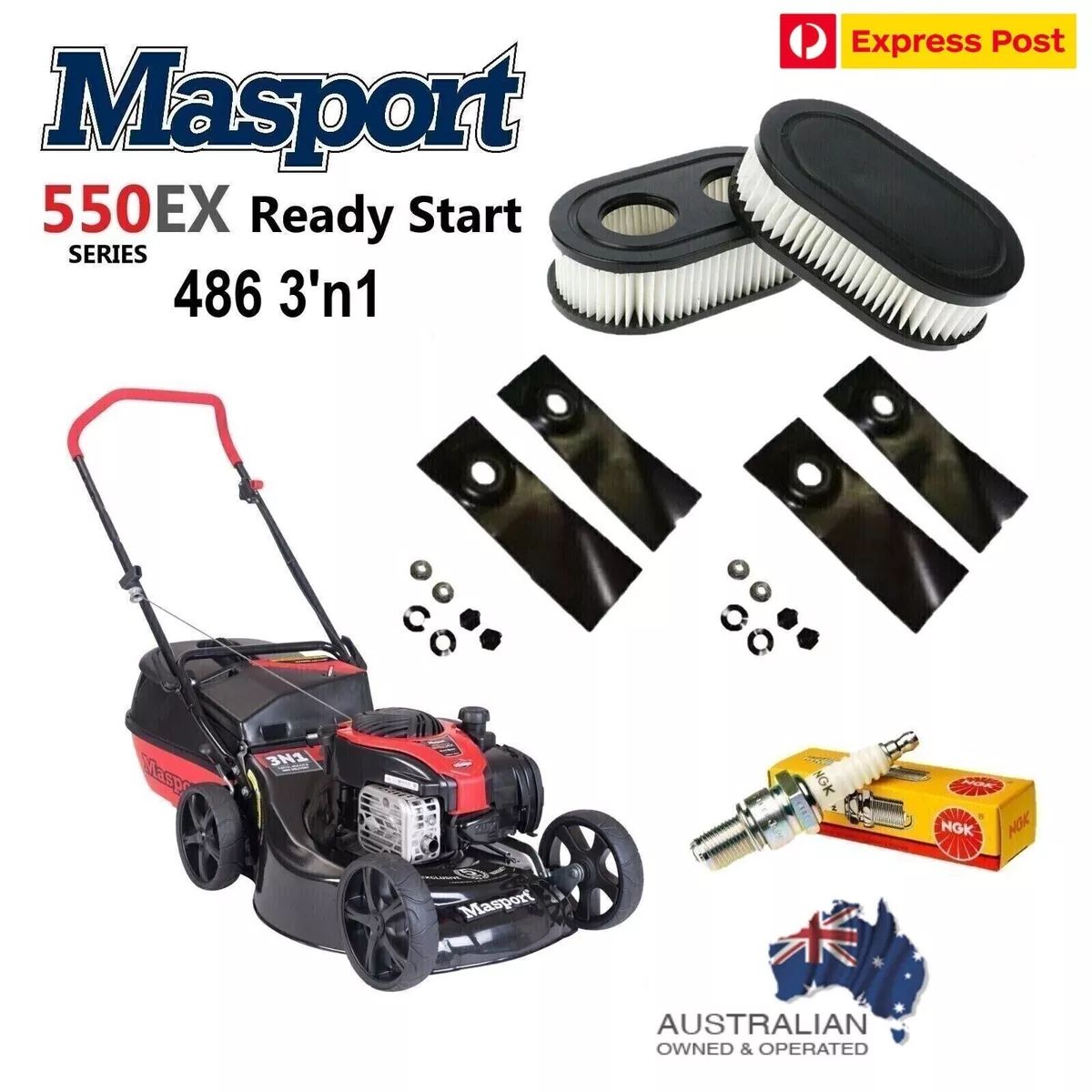 Service Kit for Masport 550 EX ReadyStart 486 3 n1 Lawn Mower Blades Plug Filter