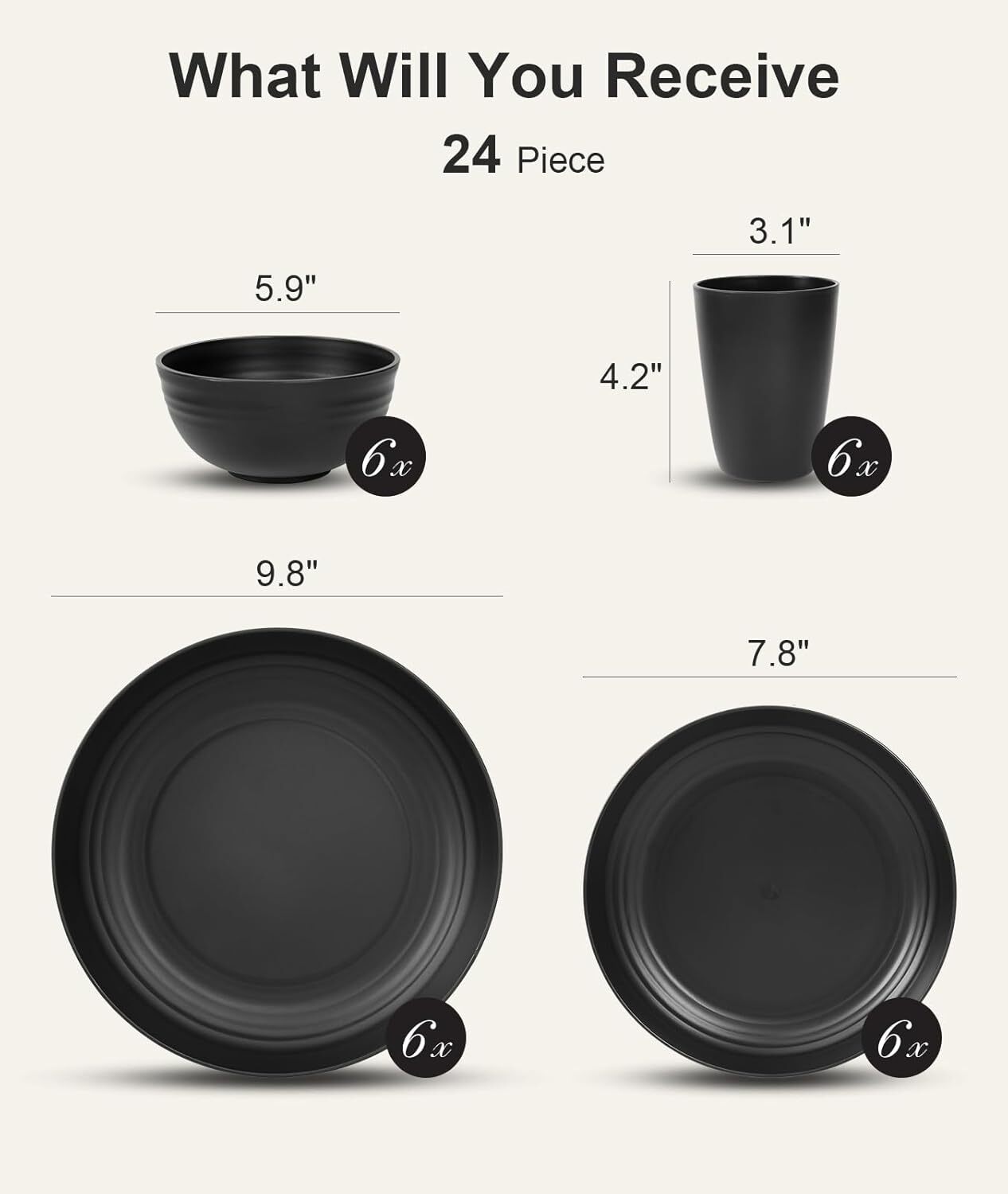 Black 24 Pcs Plates and Bowls, Wheat Straw Dinnerware Sets, Plastic Dish Set