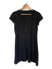 LBD Black Floaty Shift Button Down Dress Tie In Back 
