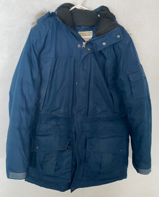 LL Bean Down Parka Baxter Downtek Puffer Jacket Hooded Coat Mens M Blue Faux Fur