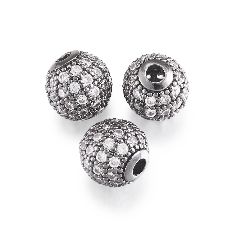 10Pcs Gunmetal Round Brass Micro Pave Cubic Zirconia Beads For