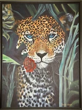 Framed Original Jaguar Oil Painting on Canvas Hand Painted Large 32 by 42 In