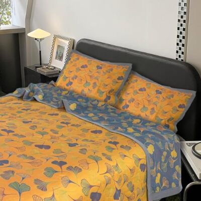 3 Piece Ginkgo Quilt Set with 2 Pillow Shams Queen Reversible Cotton Quilt 