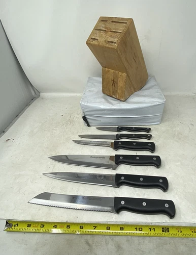 J.A. Henckels EverSharp 6 Piece Full Tang Knife Set W/Wood Knife Block