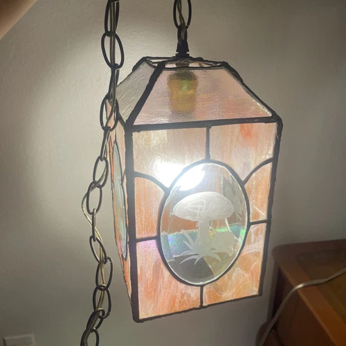 Vintage Tiffany Style Stained Glass Hanging Ceiling Pendant Lamp Mid Century
