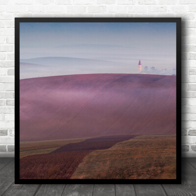 Purple Church Tower Field Rolling Hills Fog Square Wall Art Print