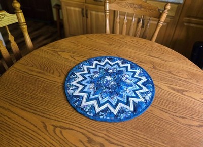 Handmade Quilted Round ''Point of View'' Table Topper Blue Floral