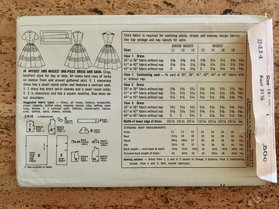 VTG  1950s Simplicity Sewing Pattern 2414  Dress w Tucks Sz 11 Bust 31 1/2 UNCUT - Image 3 of 3