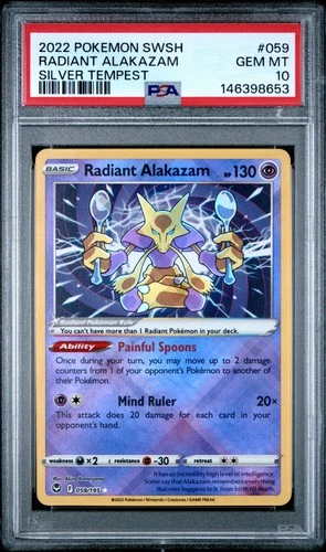 2022 POKEMON SWORD & SHIELD SILVER TEMPEST #059 RADIANT ALAKAZAM PSA 10