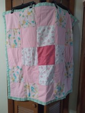 HANDMADE BEAUTIFUL BABY GIRL TODDLER QUILT PINK LIGHT GREEN PLAID TEAPOTS FLORAL
