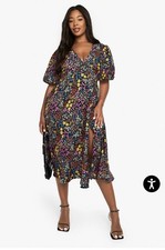 Floral Ruffle Sleeve Side Slit Midi Dress Whimsical Flower Garden Plus Size 18