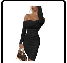 Viral OYS Off Shoulder Long Sleeve Bodycon Mesh Ruched Dress