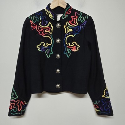 VTG Scully By Marsha Wright Womens Black Western Embroidered Jacket Sz S Rodeo