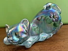 Vintage FENTON Glass Sitting Cat #5165LR Misty Blue Satin Opalescent w/label
