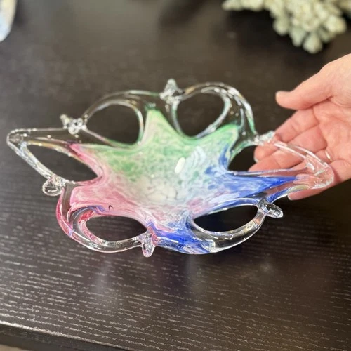 VINTAGE MURANO ART GLASS Starfish Bowl Blue Green Pink Italy Hand Blown Stretch