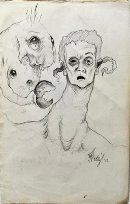 Original Art Signed Ballpoint Pen Sketch ''The Thing'' Alien Creatures Drawings