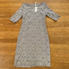 NWT NY Collection gray silver crocheted overlay formal midi shift dress M b41
