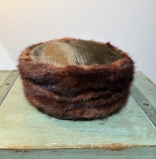 Vintage Mink Fur Pillbox Hat Brown Satin Lined Mid Century 50s 60s Jackie O Era